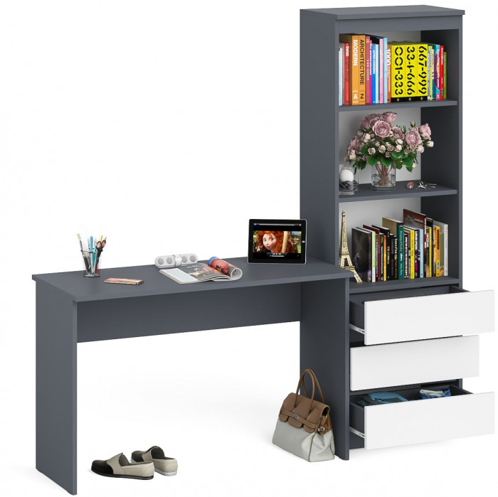 Мори Стол письменный МСП1200.1 + Стеллаж МСТ600.3, цвет графит/белый, ШхГхВ 180,8х50х179,6 см., универсальная сборка