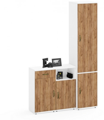 Лидер-8 Пенал МД 22Б + Тумба МД 3.15 + Тумба МД 3.19, цвет белый шагрень/крафт золото, ШхГхВ 120х37,5х190 см., универсальная сборка