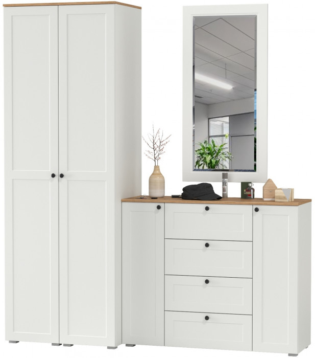 Остин Прихожая 32, цвет белый шагрень/дуб крафт золотой, ШхГхВ 200х54,3х229,6 см., универсальная сборка