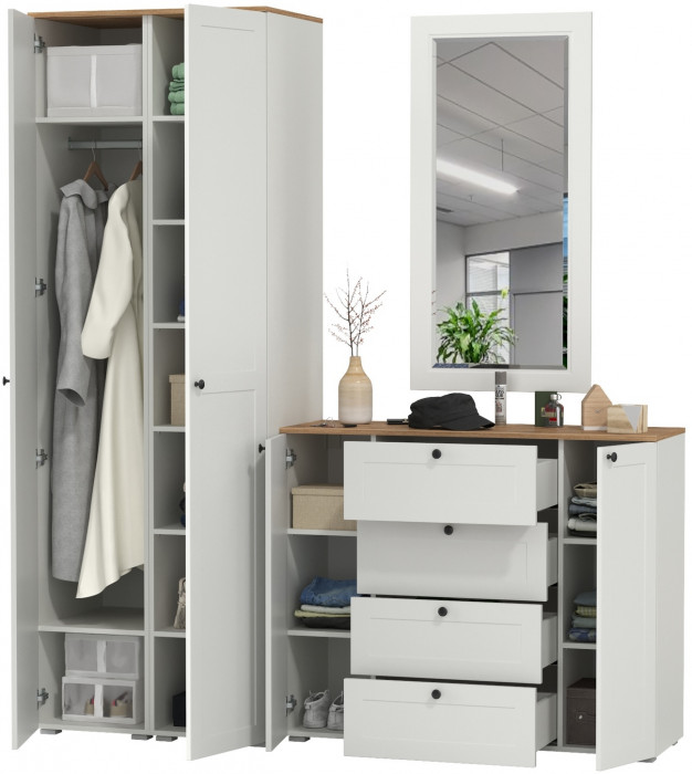 Остин Прихожая 32, цвет белый шагрень/дуб крафт золотой, ШхГхВ 200х54,3х229,6 см., универсальная сборка