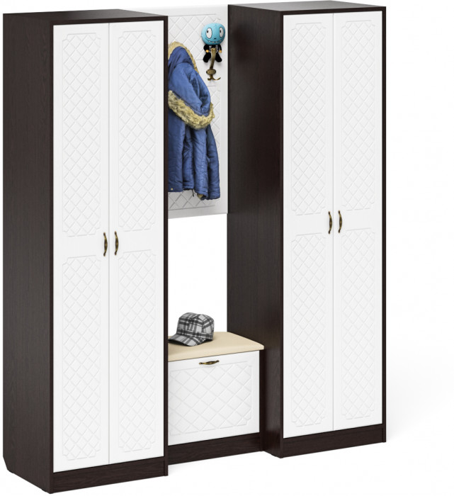 Прихожая П-6 Компоновка № 09, цвет венге/фасады МДФ белое дерево фрезеровка ромб, ШхГхВ 180х50х210 см., универсальная сборка