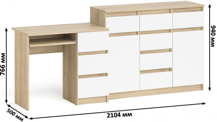 Мори Стол компьютерный МС-6 правый + Комод МК1200.4, цвет дуб сонома/белый, ШхГхВ 210,4х50х94 см., выдвижные ящики справа, НЕ универсальная сборка