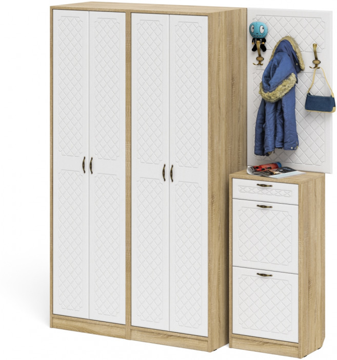 Прихожая П-6 Компоновка № 15, цвет дуб сонома/фасады МДФ белое дерево фрезеровка ромб, ШхГхВ 180х50х210 см., универсальная сборка