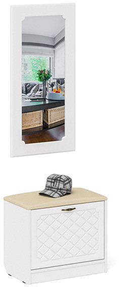 Прихожая П-6 Тумба + Зеркало, цвет белая шагрень/фасады МДФ белое дерево фрезеровка ромб, ШхГхВ 60х35х200 см.