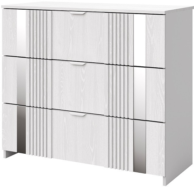 Комод 3 ящика "Харди" с зеркальными вставками - Белый текстурный/Ясень белый