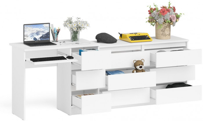 Мори Стол компьютерный МС-6 правый + Комод МК1200.6, цвет белый, ШхГхВ 210,4х50х76,6 см., выдвижные ящики справа, НЕ универсальная сборка