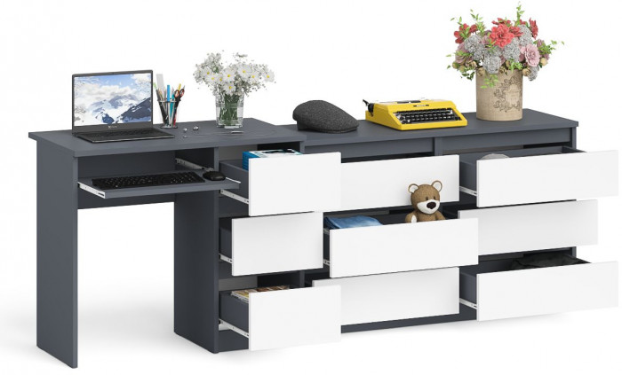 Мори Стол компьютерный МС-6 правый + Комод МК1200.6, цвет графит/белый, ШхГхВ 210,4х50х76,6 см., выдвижные ящики справа, НЕ универсальная сборка
