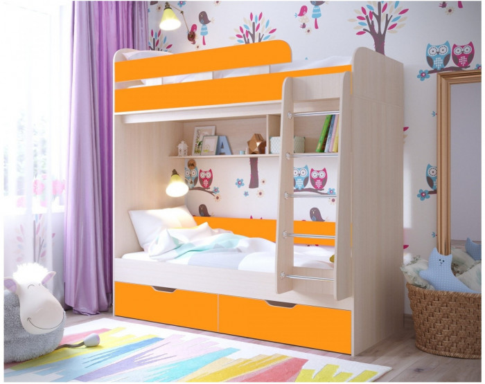 Двухъярусная кровать Юниор 5 (Дуб молочный/Оранжевый)