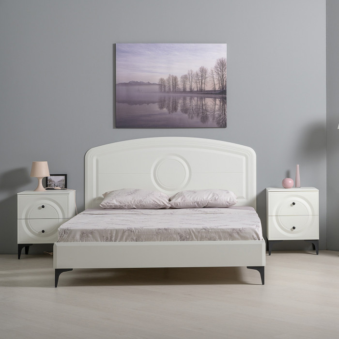 Валенсия Спальня 11.36.01 Кровать + ортопед + две 13.291 Тумбы, цвет ЛДСП белый шагрень/МДФ белый шагрень, ШхГхВ 270х204х115,3 см, 1600х2000 мм., б/м