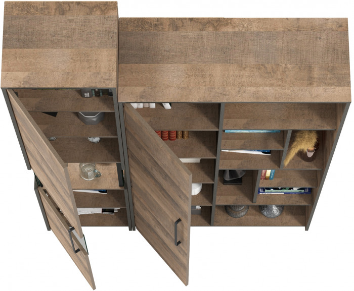 Трувор 13.205 Шкаф-пенал с витриной + 13.206 Шкаф-стеллаж, цвет дуб гранж песочный/интра, ШхГхВ 137,8х37х210 см., универсальная сборка