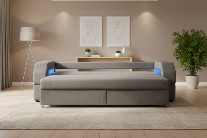 Диван-еврокнижка Манчестер, пружинный блок, 150х195, подсветка, велюр серый