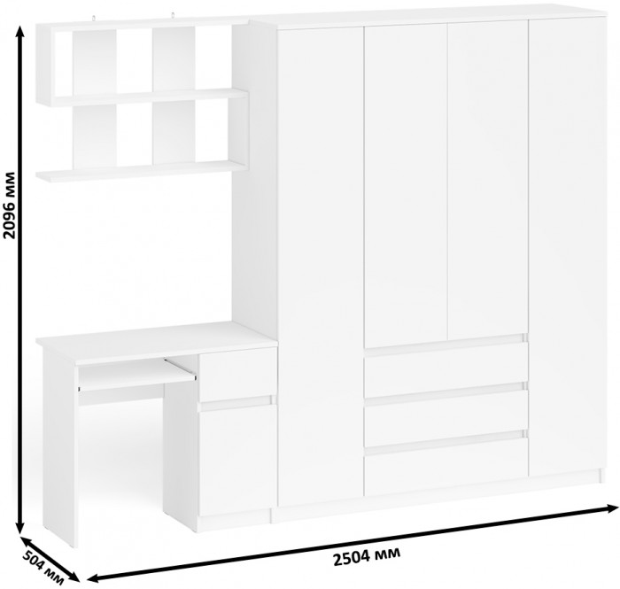 Мори Стол компьютерный МС-1 правый + Шкаф МШ1600.1 + Полка 900, цвет белый, ШхГхВ 250,4х50,4х209,6 см., НЕ универсальная сборка