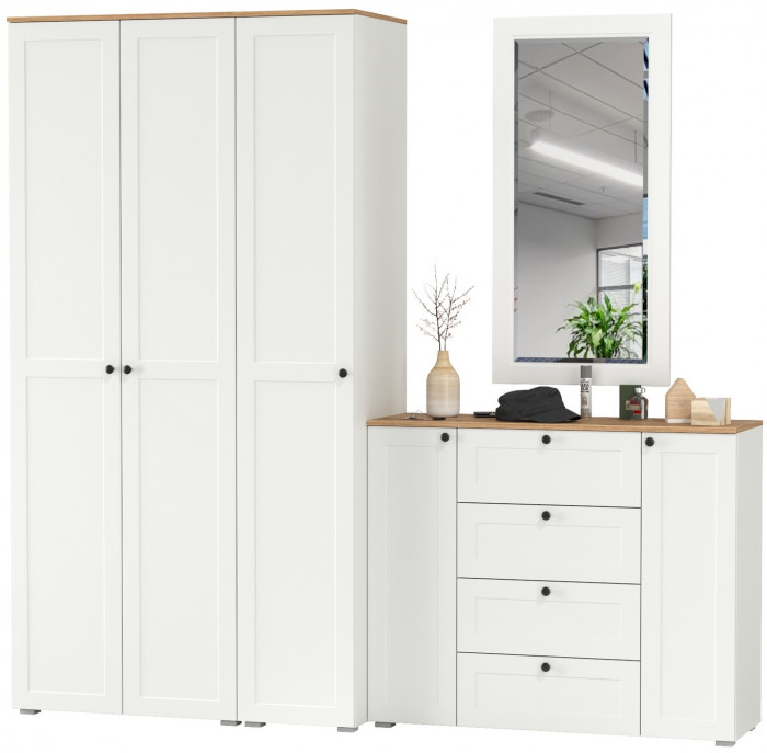 Остин Прихожая 38, цвет белый шагрень/дуб крафт золотой, ШхГхВ 240х54,3х229,6 см., универсальная сборка