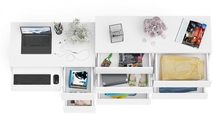 Мори Стол компьютерный МС-6 правый + Комод МК1200.8, цвет белый, ШхГхВ 210,4х50х94 см., выдвижные ящики справа, НЕ универсальная сборка