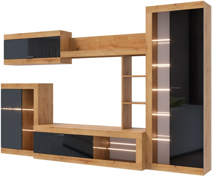 Прага Модульная Гостиная, вариант №4, вотан/Черный глянец