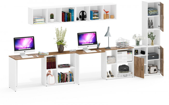 Лидер-8 Стол + Полка + Стол + Полка + Пенал + Тумба МД 3.19, цвет белый шагрень/крафт золото, 410х50/30х75/190 или 230х50/160х75/190 см., НЕ ун. сб.