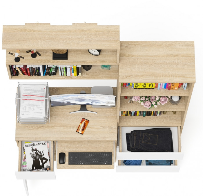 Мори Стол компьютерный МС-1 левый + Стеллаж МСТ600.3 + Полка 900, цвет дуб сонома/белый, ШхГхВ 150,4х50х209,6 см., НЕ универсальная сборка