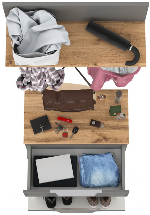 Октава 16.127 Тумба для обуви + 15.14.01 Вешалка + 15.14.02, цвет серый графит/дуб крафт золотой/фасады МДФ серый графит, ШхГхВ 64,9х35,4х197 см.