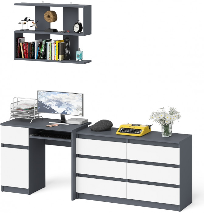Мори Стол компьютерный МС-1 левый + Комод МК1200.6 + Полка 900, цвет графит/белый, ШхГхВ 210,4х50х209,6 см., НЕ универсальная сборка