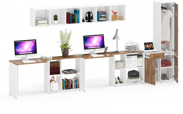 Лидер-8 Стол + Полка + Стол + Полка + Пенал МД 21Б + Тумба МД 3.15, цвет белый шагрень/крафт золото, 410х50х75/190 или 230х160/50х75/190, НЕ ун. сб.