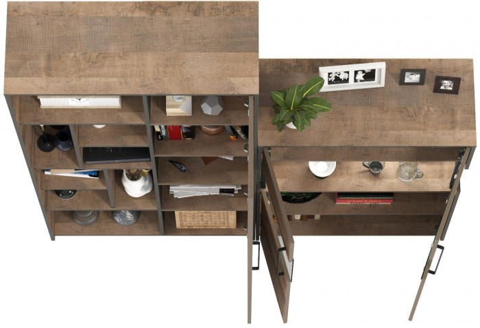 Трувор 13.206 Шкаф-стеллаж + 13.306 Комод с витриной, цвет дуб гранж песочный/интра, ШхГхВ 178,8х37х194,2 см., универсальная сборка