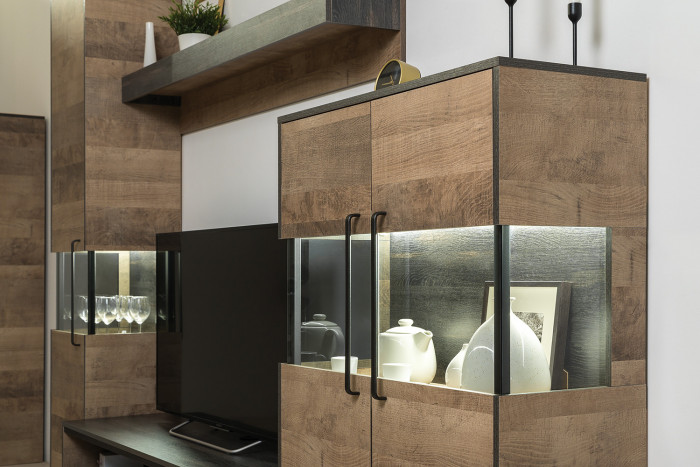 Трувор 13.206 Шкаф-стеллаж + 13.306 Комод с витриной, цвет дуб гранж песочный/интра, ШхГхВ 178,8х37х194,2 см., универсальная сборка