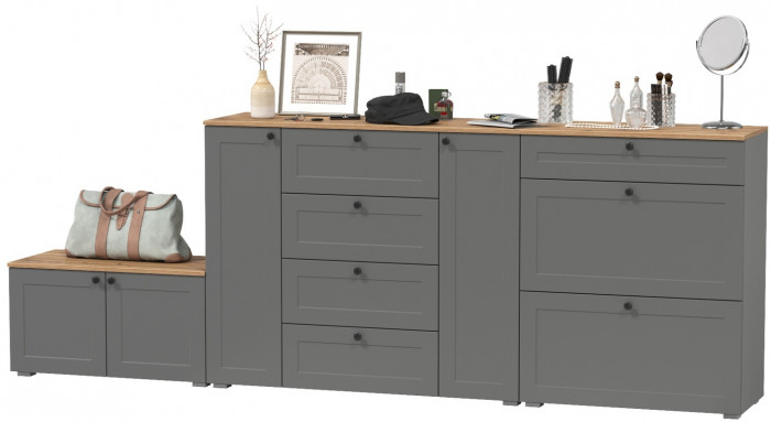 Остин 16.221 Комод + 16.121 Тумба для обуви + 13.257 Тумба, цвет серый графит/дуб крафт золотой, ШхГхВ 280х41,9х99,3 см.