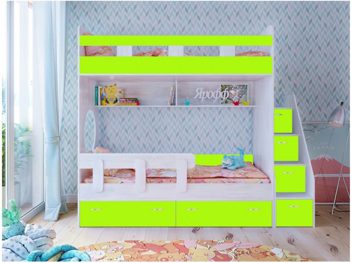 Двухъярусная кровать Юниор 1 + бортик Юниор (Винтерберг/Лайм)