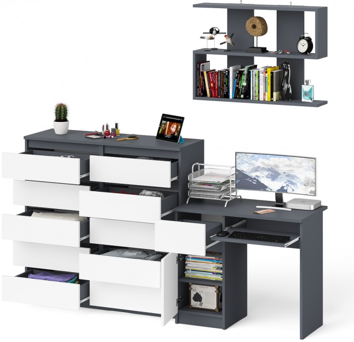 Мори Стол компьютерный МС-1 левый + Комод МК1200.10 + Полка 900, цвет графит/белый, ШхГхВ 210,4х50х209,6 см., НЕ универсальная сборка