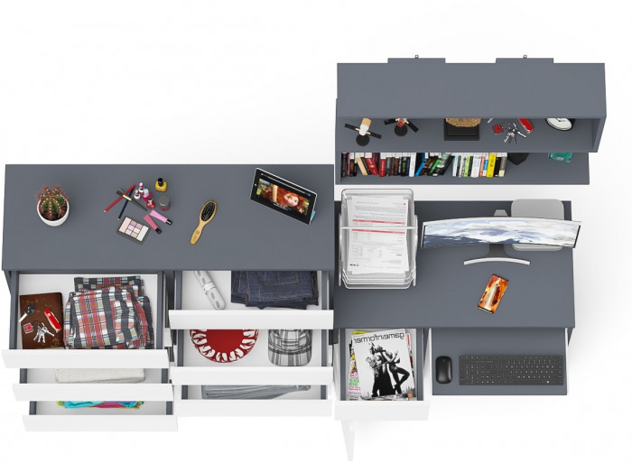 Мори Стол компьютерный МС-1 левый + Комод МК1200.10 + Полка 900, цвет графит/белый, ШхГхВ 210,4х50х209,6 см., НЕ универсальная сборка