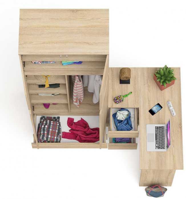 Мори Стол компьютерный МС-16 левый + Шкаф МШ900.1 + Антресоль МА900.1, цвет дуб сонома, ШхГхВ 214,8х84,9х234,2 см., выдвиж. ящики слева, НЕ ун. сб.