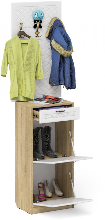 Прихожая П-6 Тумба для обуви 2 секции + Вешалка, цвет дуб сонома/фасады МДФ белое дерево фрезеровка ромб, ШхГхВ 50х35х210 см.