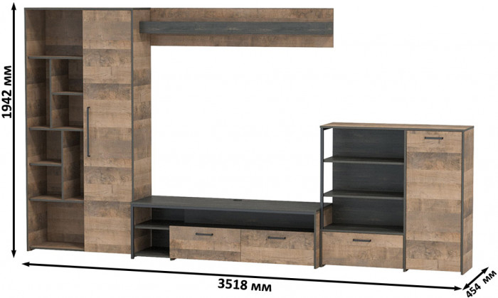 Трувор Гостиная 047, цвет дуб гранж песочный/интра, ШхГхВ 351,8х45,4х194,2 см., универсальная сборка