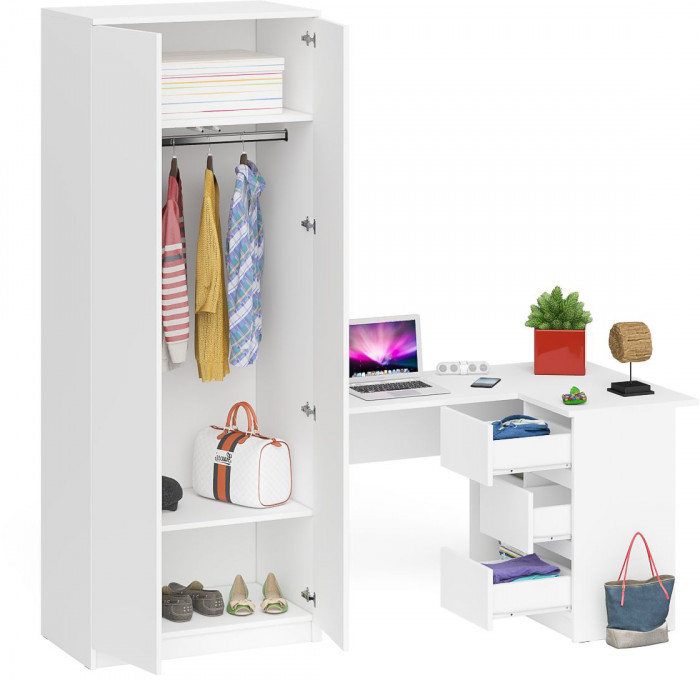 Мори Стол компьютерный МС-16 правый + Шкаф МШ800.1, цвет белый, ШхГхВ 204,8х84,9х209,6 см., выдвижные ящики справа, НЕ универсальная сборка
