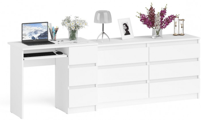 Мори Стол компьютерный МС-6 правый + Комод МК1380.6, цвет белый, ШхГхВ 228х50х76,6 см., выдвижные ящики справа, НЕ универсальная сборка