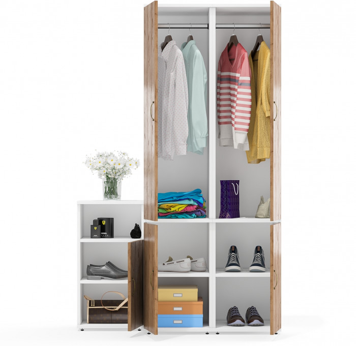 Лидер-8 Пенал МД 23Б + Пенал МД 23Б + Тумба МД 3.19, цвет белый шагрень/крафт золото, ШхГхВ 120х50х190 см., универсальная сборка