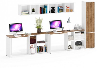 Лидер-8 Стол + Полка + Стол + Полка + Пенал МД 21Б, цвет белый шагрень/крафт золото, ШхГхВ 370х50/37,5х75/190 или 230х50/120х75/190 см., НЕ ун. сборка