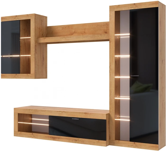 Прага Модульная Гостиная, вариант №5, вотан/Черный глянец