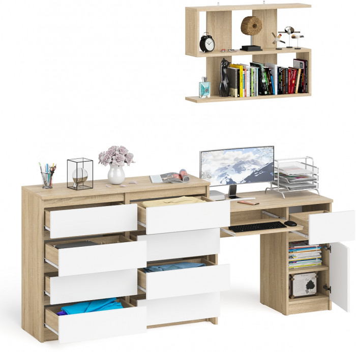 Мори Стол компьютерный МС-1 правый + Комод МК1200.8 + Полка 900, цвет дуб сонома/белый, ШхГхВ 210,4х50х209,6 см., НЕ универсальная сборка
