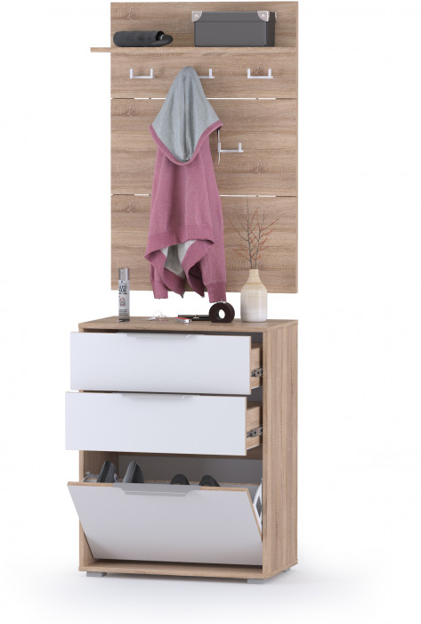 Куба Прихожая 6, обувница 13.113 + Вешалка 10.122, цвет дуб сонома/белый премиум, ШхГхВ 65х38,3х210,6 см.