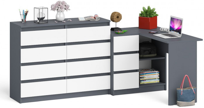 Мори Стол компьютерный МС-16 левый + Комод МК1200.8, цвет графит/белый, ШхГхВ 244,8х84,9х94 см., выдвижные ящики слева, НЕ универсальная сборка
