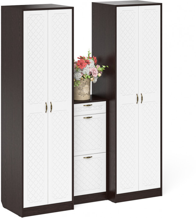 Прихожая П-6 Компоновка № 13, цвет венге/фасады МДФ белое дерево фрезеровка ромб, ШхГхВ 170х50х210 см., универсальная сборка