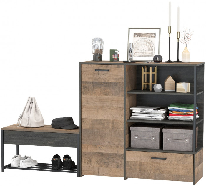 Трувор 13.241.03 Тумба для обуви + 13.307.01 Комод, цвет дуб гранж песочный/интра, ШхГхВ 189х36,9х106,9 см., универсальная сборка