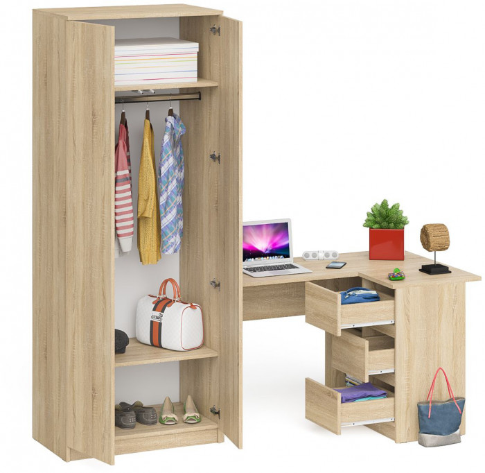 Мори Стол компьютерный МС-16 правый + Шкаф МШ800.1, цвет дуб сонома, ШхГхВ 204,8х84,9х209,6 см., выдвижные ящики справа, НЕ универсальная сборка