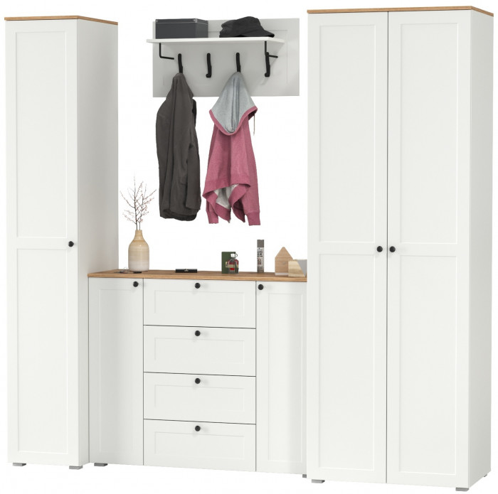 Остин Прихожая 39, цвет белый шагрень/дуб крафт золотой, ШхГхВ 240х54,3х229,6 см., универсальная сборка