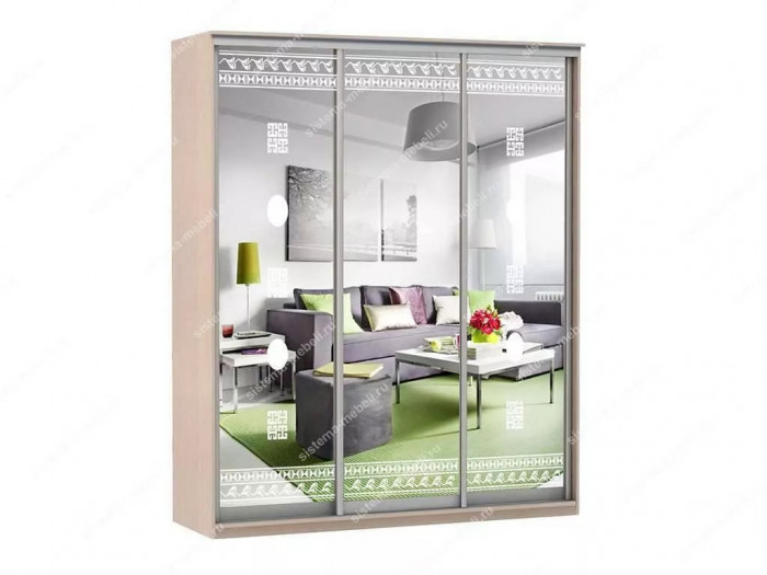 Шкаф купе Модерн 1776х450 3-х дверный 2-х секционный зеркальный с пескоструем №2 ясень