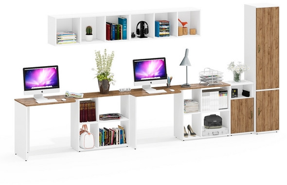 Лидер-8 Стол + Полка + Стол + Полка + Пенал МД 22Б + Тумба МД 3.19, цвет белый шагрень/крафт золото, 410х50х75/190 или 230х160/50х75/190, НЕ ун. сб.