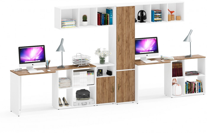 Лидер-8 Стол + Полка + Стол + Полка + Пенал МД 22Б + Тумба МД 3.19, цвет белый шагрень/крафт золото, 410х50х75/190 или 230х160/50х75/190, НЕ ун. сб.