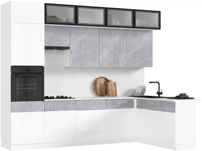 Кухня Оливия NEW 3,0х1,8м Белый глянец холодный/мрамор глянец