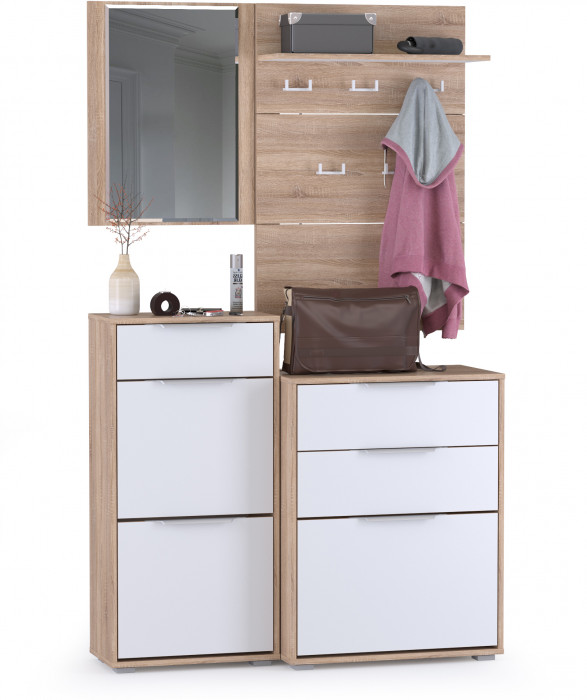 Куба Прихожая 8, обувница 13.113 + Вешалка 10.122 + обувница 13.114 + Зеркало, цвет дуб сонома/белый премиум, ШхГхВ 115х38,3х210,6 см., ун. сборка